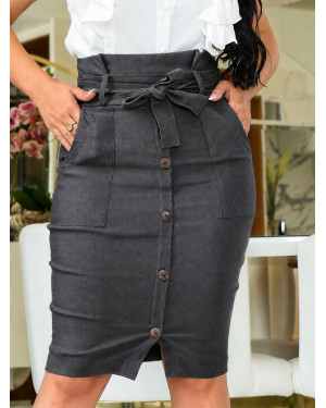 Saia Lapis Midi Cinza C/ Botões | Moda Evangelica
